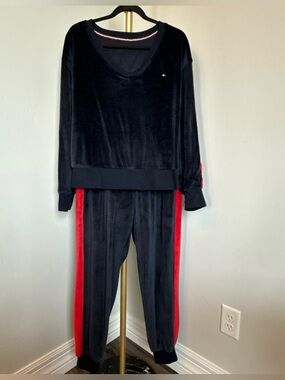 Tommy Hilfiger Lounge Set Pajamas Women L Black Red Stripe V Neck Jogger Pants